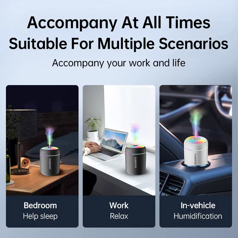 GlowMist Mini USB Humidifier – Portable Car & Desktop Air Moisturizer with Rainbow LED Night Light